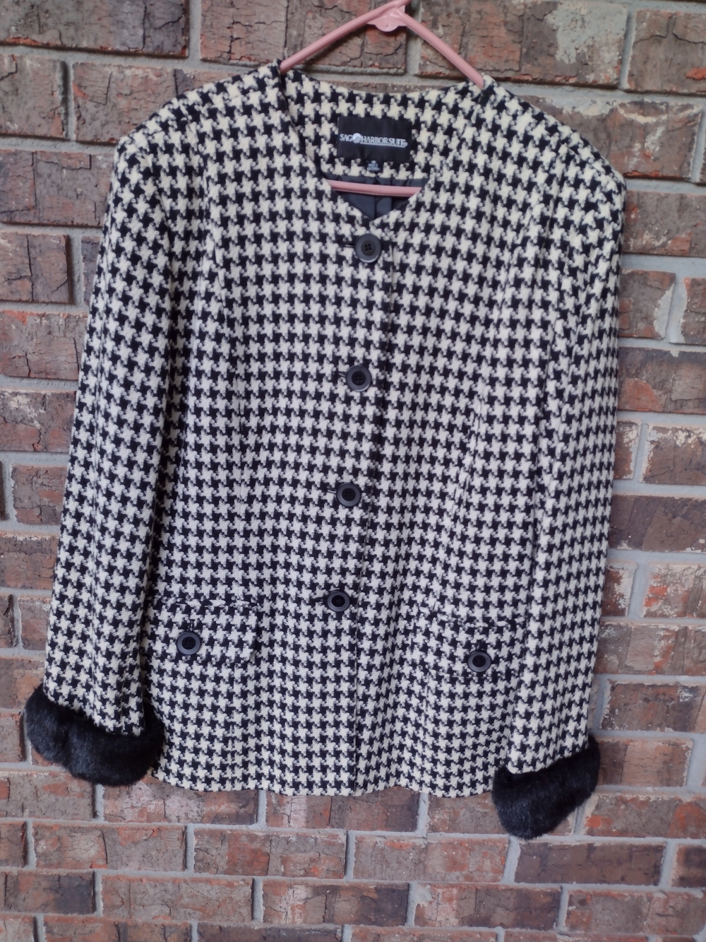 Sag Harbor Suit Wool Blend Jacket Women 18 Houndstooth Black Faux Fur Trim Slvs